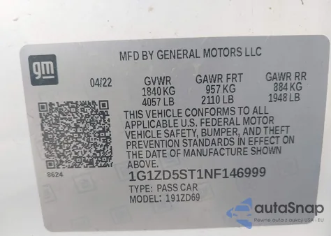 2022 Chevrolet Malibu Fwd Lt из США, поврежденный, VIN 1G1ZD5ST1NF146999